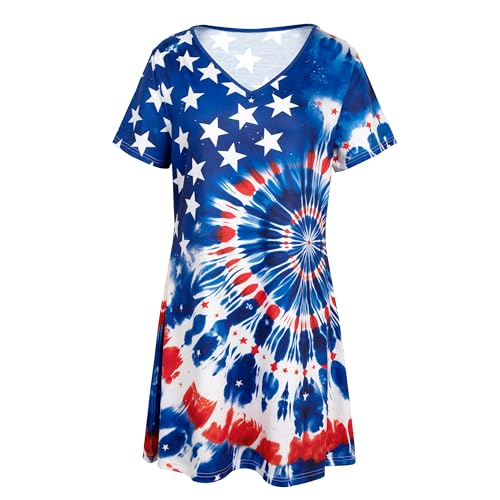 Image of LUKYCILD American Flag Dress Women 4th of July Patriotic Shirt USA Stars Stripes Dresses Sexy V- Neck Summer Sundress