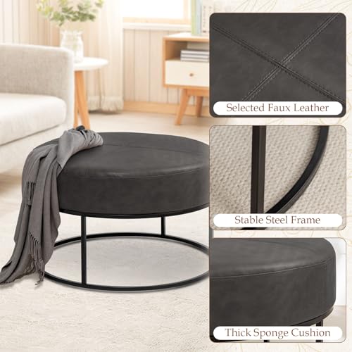 Image of Modern Round Coffee Table, Farmhouse Ottoman for Living Room, Large Vintage Faux Leather Coffee Tables with Leather Upholstered Padded Seat [Round, Vintage Black, 30'']