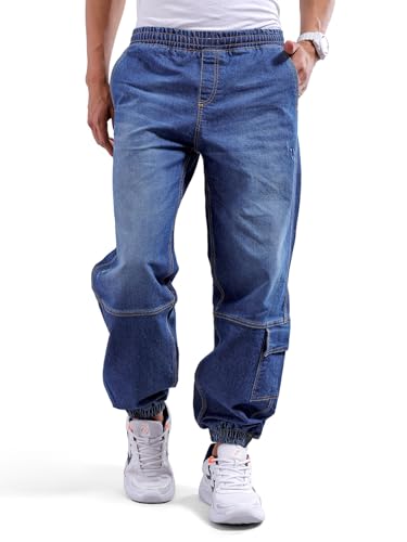 Image of The Indian Garage Co Men Loose Fit Solid Mid-Rise Stretchable Denim Joggers