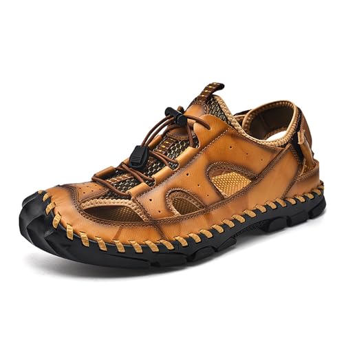 Men's Leather Hand Stitched Fisherman Sandals with Back Hook Loop Casual Breathable Cutout Closed Toe Anti-Slip Flat Water Shoes Summer Outdoor Beach Walking Shoes