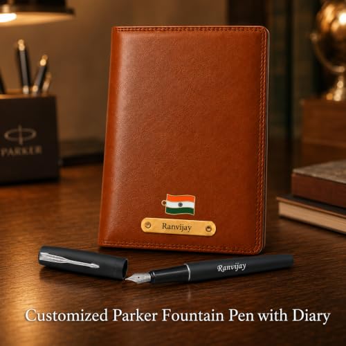 Image of SAVRI Personalized Gifts Customized Brown Diary with Name & Parker Fountain Pen Gift Set| Premium Office Diary & Silver Clip Fountain Pen Set| Corporate Gift for Employees, Clients, Managers