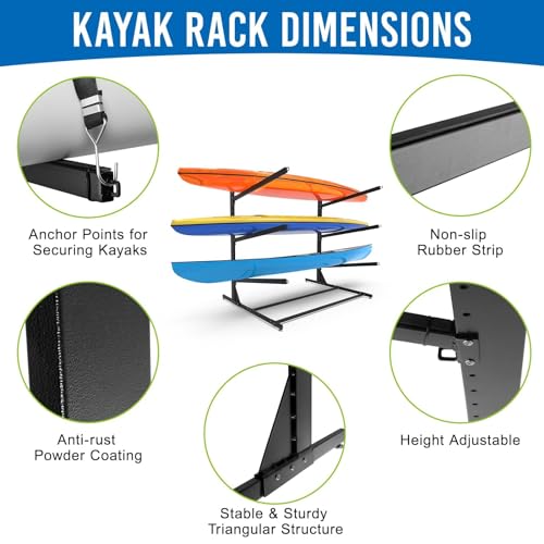 ZSLTLDU Kayak Storage Rack, Kayak Racks for Outdoor Storage, 3 Tier Heavy Duty Steel Adjustable Freestanding Kayak Stand for Kayak Paddleboard Surfboard for Indoor, Outdoor, Garage, Shed, Dock