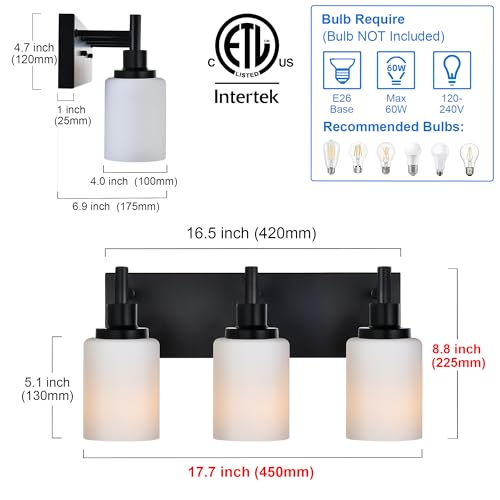 Image of MELUCEE 3-Light Black Bathroom Light Fixtures, Modern Vanity Light Over Mirror Wall Sconces with Milky White Frosted Glass Shades, Suit for Bathroom Dressing Room Laundry Room Kitchen, E26 Socket