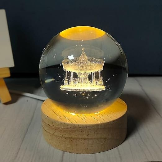 3D Crystal Ball Table Lamp with Wooden Base Stand, Decorative Table Light for Home, Office, Birthday Gifts for All Ages, Bedside Night Lamp (Carousel)