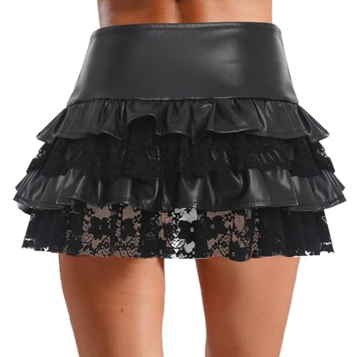 Moily Adult Women Y2K Micro Mini Skirt Faux Leather Culottes Ruffle Hem Clubwear for Night Out2