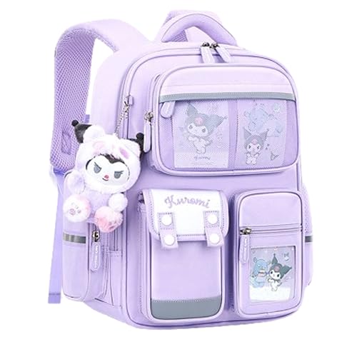 Many Rainbows Mochila escolar Kuromi com personagens de desenho animado japonês com vários bolsos, Roxa, 38 x 28.5 x 14cm, Casual