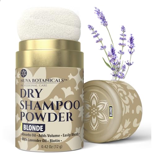 Nuva Botanicals Blonde Non Aerosol Dry Shampoo Powder with Biotin - Lavender Extract and Korean Ginseng - Volumizing Travel Size (0.42 oz) - Gifts for Her Stocking Stuffers