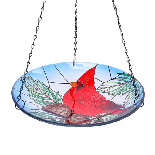 MUMTOP Glass Hanging Bird Bath, 11" Blue Cardinal Feeder