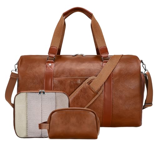 3-in-1 Leather Duffle Bag for Travel with Toiletry Bag and Shoe Compartment