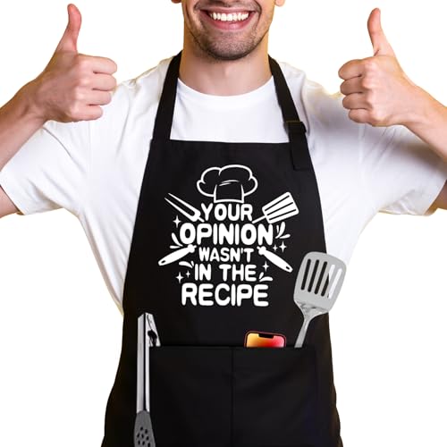 DLTRXMY Your Opinion was Not in The Recipe, divertido delantal de chef, delantales divertidos para mujeres y hombres con 2 bolsillos para herramientas, impermeable y a prueba de aceite, divertido