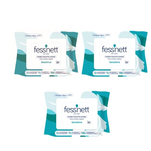 fess'nett Sensitive - Feuilles de Papier Toilette Humide Jetable dans les Toilettes - Papier WC Humide Alternative aux Lingettes Nettoyantes - Fibres Végétales - Pour Toute la Famille - x40 (Lot de 3)