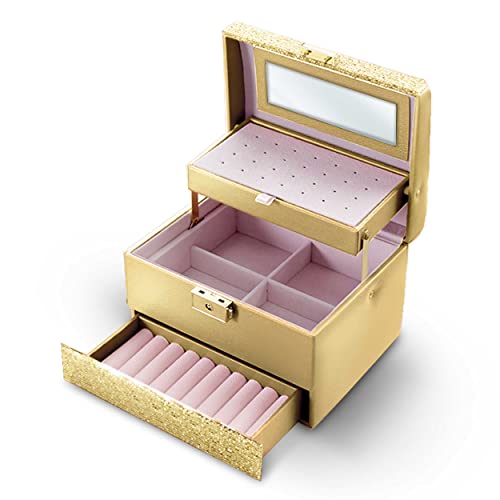 Boîte à bijoux avec miroir et rangement portable doré 17cm