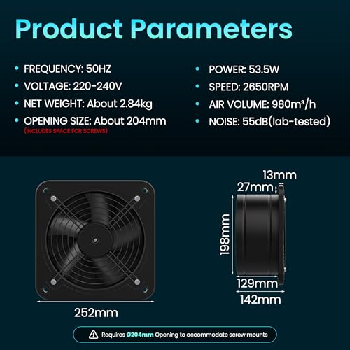 HG Power Abluftventilator 200mm - 980m³/h Badlüfter Leiser mit Rücklaufklappe, Geschwindigkeitsregler, Stecker, 53.5W Industrieller Wandventilator für Küche Badezimmer Garage Untergeschoss, Schwarz