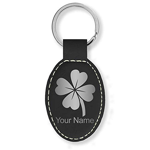 Oval Keychain, Four Leaf Clover, Personalized Engraving Included (Black with Silver)