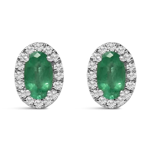 10K White Gold 5x3 MM Oval Green Emerald and Diamond Halo Stud Earrings (I-J Color, I1-I2 Clarity)