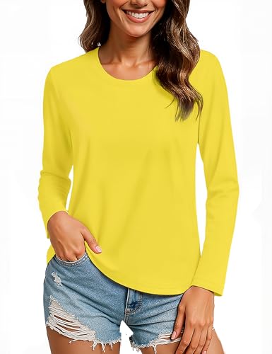 TACVASEN Damen Oberteile Shirt Langarm Baumwolle Yoga Langarmshirt Rundhals Basic Unifarben Tops Tshirt Gelb 2XL