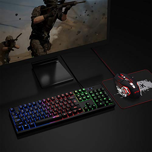 Rainbow Gaming Keyboard and Mouse Combo, MFTEK Wired RGB Backlit Gaming Keyboard and 4 Color Lighted Gaming Mouse Set with Mouse Pad for Computer PC Gamer Laptop Work
