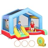 AIYAPLAY Château Gonflable 4 en 1 avec souffleur, Aire de Jeux Gonflable, Toboggan, Piscine à balles, Jeu de Lancer d'anneaux, Toit à Protection Solaire, intérieure/extérieure, pour 3 Enfants 3-8 Ans