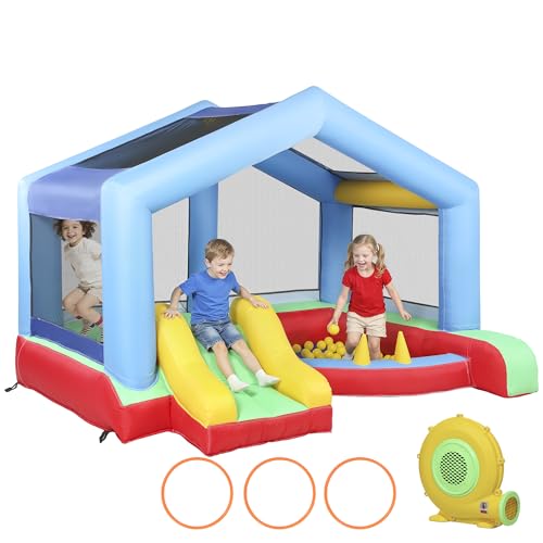 AIYAPLAY Château Gonflable 4 en 1 avec souffleur, Aire de Jeux Gonflable, Toboggan, Piscine à balles, Jeu de Lancer d'anneaux, Toit à Protection Solaire, intérieure/extérieure, pour 3 Enfants 3-8 Ans