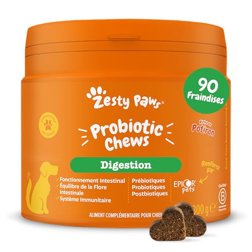 Zesty Paws Probiotic - Complément pour Chien sous Forme de friandise - Probiotique Chien - Système Immunitaire - Combinaison inédite prébiotiques, probiotiques et postbiotiques - 90 Unités