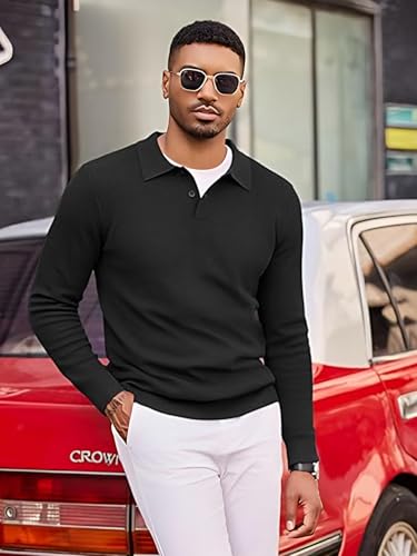 Image of TYSORT Men's Knitted Polo Sweater Casual Full Sleeve Pullover Sweater with Button Collar