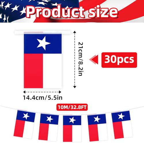 Image of 32.8 ft Texas Flag Banner, 30 Pcs Mini Lone Star String Flags, Red White Blue Bunting for Texas Independence Day, Western Party, Parades, Home, Garden, and Outdoor Decorations