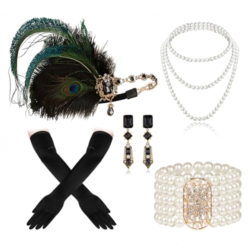 Cizoe 1920s Gatsby Accessories Set for Women Flapper Headband 20s Headpiece Necklace Gloves(aa)
