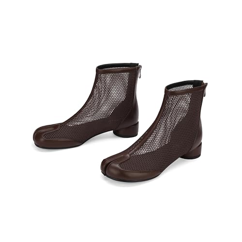 Image of Split Toe Ankle Boots for Women Tabi Japanese Ninja Shoes Low Chunky Heels Booties, Stretch Artificial Leather Boots Back Zipper