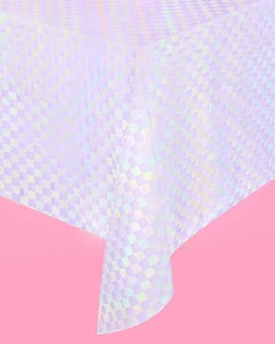 xo, Fetti Purple + Iridescent Checkered Washable Tablecloth - 9 ft. | Unicorn Birthday Party Decorations, Pink Girl Table Cloth, Y2K ERAS Decor, Pastel Table Cover