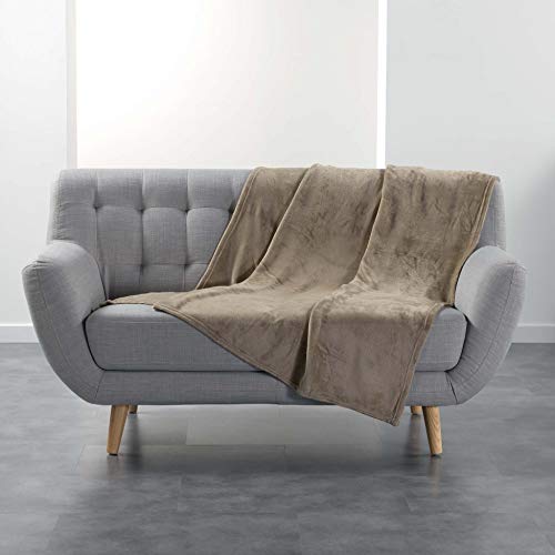 Douceur d'Intérieur, Plaid Doux (125 x 150 cm) Flanou Taupe, Flanelle Unie
