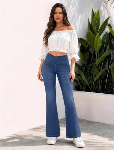 FireSwan Womens Flare Jeans Crossover High Waisted Bootcut Jeans | Trendy Denim Pants, 4 Pockets, Pull On, Bell Bottom, Soft, Stretchy, Lightweight, Casual Daily Wear — view 3