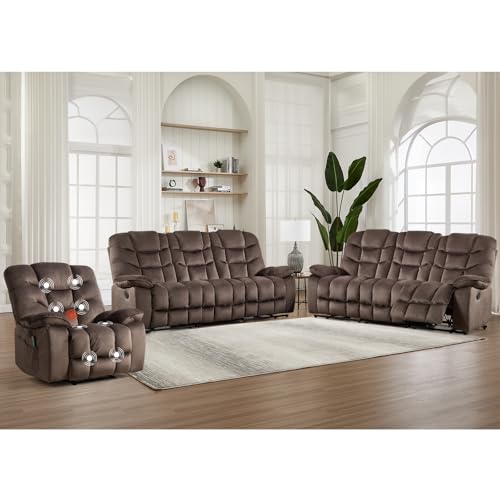 Image of HAOMARKETS 3 Pieces Recliner Sofa Furniture Set, Include a Power Recliner Chair with Message&Heat and 2 3-Seater Reclining Couches for Living Room, Brown