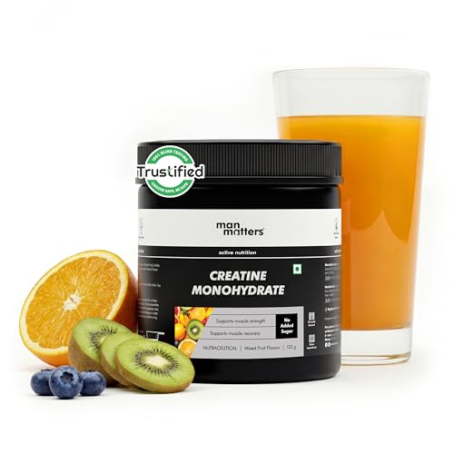 Image of Man Matters Pure Micronised Clean Creatine Monohydrate 125g(32 Servings), Mixed Fruit Flavor |Lab Tested | Enhances Strength, Muscle Mass & Athletic Performance | 66% Higher Absorption & Muscle Recovery | 100% Pure Creatine