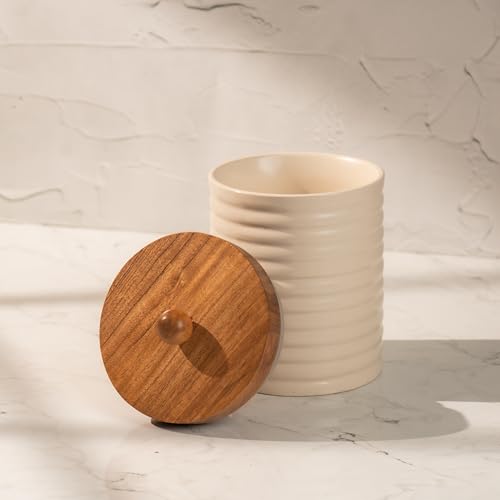 Image of Ecru Canister - Ceramic Storage Jar with Acacia Wood Lid - Ideal for Coffee, Sugar, Snacks & More (5x5x7.625 inches)