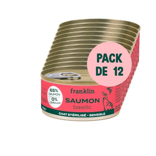 Franklin – Pâtées Chat – 12x100g – Brillance du Poil – 66% de Poisson – Saumon, Basilic