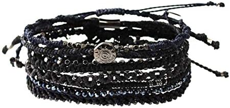 Wakami Earth Handmade Boho Bracelets Set of 7 | Braided Indie Bracelets for Women and Men | Beaded, Stackable, Handmade by Artisans, Waterproof Waxed Thread, Glass Beads, Sliding and Button Closure | DARK NIGHT