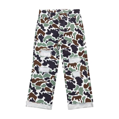 P0413 Todder Western Green camo Ripped Buttons Zipper Straight Kids Girl Jeans Pants