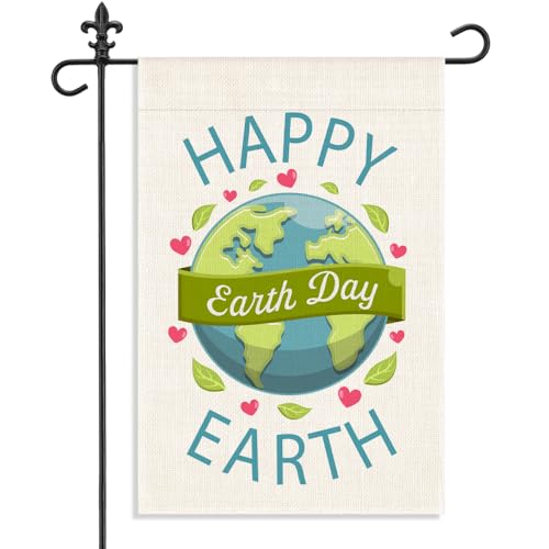 WHTYEFZ Happy Earth Day Garden Flag, 12 x 18 Inch Double Sided Globe Heart Outdoor Yard...