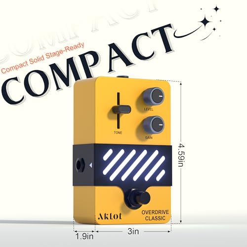 Image of AKLOT Overdrive Electric Guitar Pedal: Warm Bluesy Crunch to Classic Rock Drive, Dynamic Touch-Responsive Drive, Gain & Tone Controls, Mini Guitar Effects Pedal True Bypass, NEON GoldRush