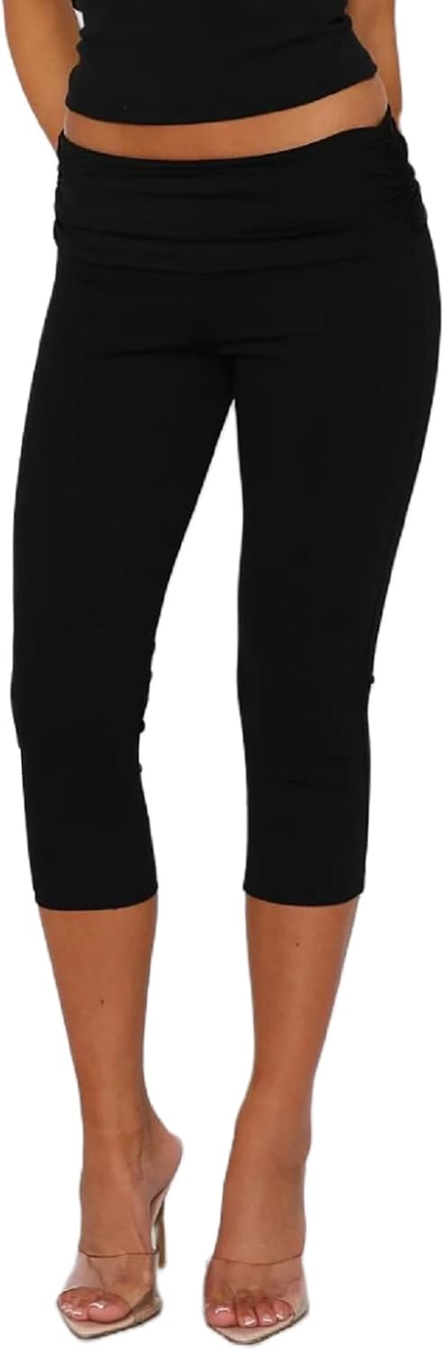 NUFIWI Fold Over Leggings for Women Low Waist Stretch Yoga Pants Capri Slim Fit Going Out Crop Pants Streetwear - Image 2
