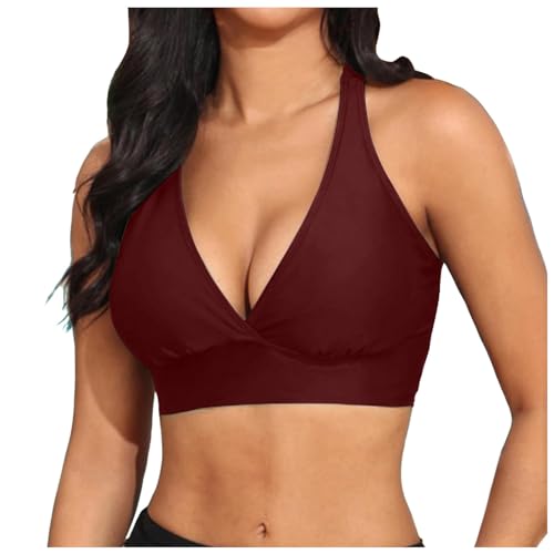 Womens Halter Push Up Bikini Top V Neck Full Coverage Bathing Suit Cute Swimsuit Top Only Padded Sports Swimwear Tops Wine