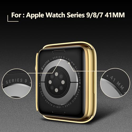 [2-Pack] Julk Gold Case with Screen Protector for Apple Watch 9/8/7 41mm, 9H Tempered Glass with Ultra Thin Hard Protective Cover for iWatch [1 Gold + 1 Transparent] by JULK - Image 3