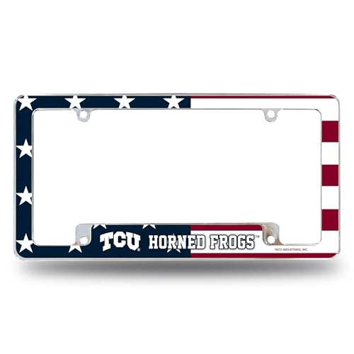 Rico Industries NCAA TCU Horned Frogs Patriotic 12" x 6" Chrome All Over Automotive License Plate Frame for Car/Truck/SUV