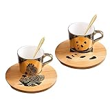 ABHOME Large Mirror Cup and Saucer Set 8.5 oz Panda Gift Ceramic Animal Espresso Cups with Saucers and Spoon 8 Ounce, Tea Coffee Cup with Spoon and Wood Saucer, Set of 2, Golden