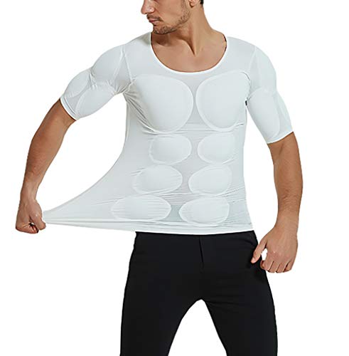 Whlucky Invisible Abs Muscle Underwear, Men False Chest Muscle, Seamless Breathable T-Shirt Shapewear,White,s