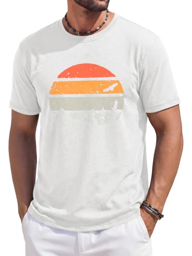 Runcati Mens Short Sleeve T-Shirts Casual Graphic Printed Tee Tops Crewneck Summer Beach Hawaiian Vintage Shirt White