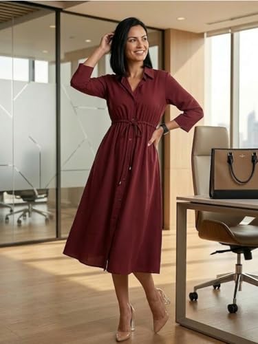 Image of Varanga Women A-Line Maxi Cotton Dress | 3 /4 Sleeve V-Neck | Cinched Waist Detailing | Lightweight & Breathable | Effortlessly Stylish Casual Wear