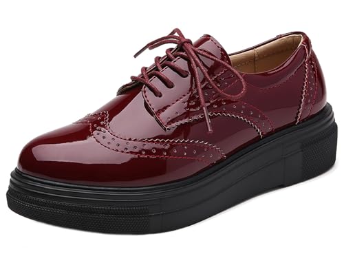 DADAWEN Femme Chaussures de Ville à Lacets Brogues Derbies Mocassins en Cuir Casual Mode Antidérapantes Rouge 38
