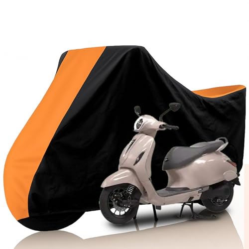 Image of All Weather Protection Two Wheeler Cover for Bajaj Chetak, Scooter & Scooty | Anti Dust, 100% Water Resistance, Heat Resistant, UV Proof - Triple Stitched | (Black Top Orange)