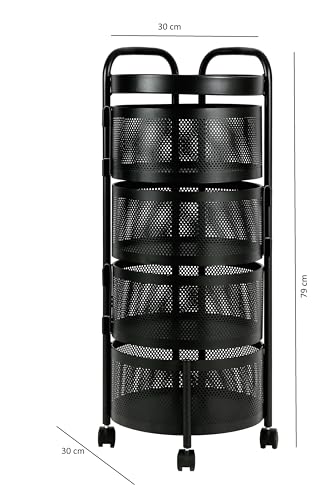 HYGRAD BUILT TO ENDURE Black Metal Mesh Round Multi-Tier Portable Floor Standing Rotating Kitchen Cart Trolley Organiser Fruit Basket With Wheels (4 Tier) - Image 5